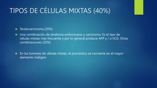 TIPOS DE CÉLULAS MIXTAS (40%)
 Teratocarcinoma (20%)
 Una combinación de teratoma embrionario y carcinoma. Es el tipo de
células mixtas más frecuente y por lo general produce AFP y / o hCG. Otras
combinaciones (20%)
 En los tumores de células mixtas, el pronóstico se convierte en el mayor
elemento maligno
 