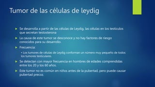 Tumor de las células de leydig
 Se desarrolla a partir de las células de Leydig, las células en los testículos
que secretan testosterona
 La causa de este tumor se desconoce y no hay factores de riesgo
conocidos para su desarrollo.
 Frecuencia:
• Los tumores de células de Leydig conforman un número muy pequeño de todos
los tumores testiculares.
 Se detectan con mayor frecuencia en hombres de edades comprendidas
entre los 20 y los 60 años.
 Este tumor no es común en niños antes de la pubertad, pero puede causar
pubertad precoz.
 