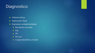 Diagnostico
 Historia clínica
 Exploración física
 Exámenes complementarios
 Marcadores tumorales
 Usg
 TAC
 Pet scan
 Cirugía exploradora y biopsia
 