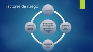 Factores de riesgo
No hay factores
claros definidos
se han
establecido 4
factores de
riesgo:
Criptorquidia
Antecedentes
familiares de
cáncer
testicular
Antecedentes
personales de
cáncer
testicular
la neoplasia
intratubular
de células
germinales
 