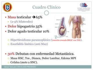 Cuadro Clínico
 Masa testicular 65%
 (2-3% bilaterales)
 Dolor hipogastrio 35%
 Dolor agudo testicular 10%
 Hipertir...
