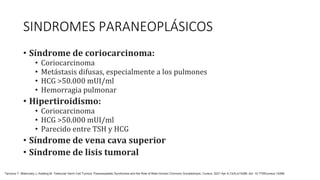 SINDROMES PARANEOPLÁSICOS
• Síndrome de coriocarcinoma:
• Coriocarcinoma
• Metástasis difusas, especialmente a los pulmones
• HCG >50.000 mUI/ml
• Hemorragia pulmonar
• Hipertiroidismo:
• Coriocarcinoma
• HCG >50.000 mUI/ml
• Parecido entre TSH y HCG
• Síndrome de vena cava superior
• Síndrome de lisis tumoral
Tannous T, Miskovsky J, Keating M. Testicular Germ Cell Tumors: Paraneoplastic Syndromes and the Role of Beta-Human Chorionic Gonadotropin. Cureus. 2021 Apr 4;13(4):e14286. doi: 10.7759/cureus.14286.
 