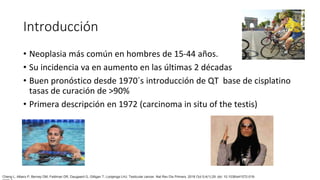 Introducción
• Neoplasia más común en hombres de 15-44 años.
• Su incidencia va en aumento en las últimas 2 décadas
• Buen pronóstico desde 1970´s introducción de QT base de cisplatino
tasas de curación de >90%
• Primera descripción en 1972 (carcinoma in situ of the testis)
Cheng L, Albers P, Berney DM, Feldman DR, Daugaard G, Gilligan T, Looijenga LHJ. Testicular cancer. Nat Rev Dis Primers. 2018 Oct 5;4(1):29. doi: 10.1038/s41572-018-
 