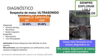 Sospecha de masa: ULTRASONIDO
TESTICULAR DOPPLER
SENSIBILID
AD
ESPECIFICI
DAD
92-98% 95-99%
DIAGNÓSTICO
SIEMPRE
EXPLORAR
LOS 2
TESTICULOS
Causa más frecuente en el
retraso diagnóstico es
sospechar un proceso
infeccioso
10% reciben diagnóstico de edema
y dolor post traumático
Urol Clin North Am. 2007 May;34(2):109-17; abstract vii. doi: 10.1016/j.ucl.2007.02.003.
Malignidad:
• Aumento del flujo
• Microlitiasis
• Bordes irregulares
Benignidad:
• Masa quística
• <2cm NO palpables
Seminomas: lesiones hipoecoicas bien definidas sin áreas
quísticas
NO-seminomas: poco homogéneos con calcificaciones, áreas
quísticas y márgenes indistintos
 