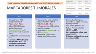 AFP
• Descubierto en 1956.
Glicoproteína fetal
• Vida media: 5-7 días
• NO en SEMINOMA puro
• No-Seminomatoso:
Carcinoembrionario y SV
Coriocarcinoma produce sólo
bHCG
• 10-60% en No seminomatosos
GCTs
• Seminoma: AFP > 25 IU/mL
tratarlo como NSGCT (no
análisis en la patología o
lesiones metastásicas)
HCG
• Glucoproteína heterodimérica
alfa y beta (1927 y 1937)
• Vida Media 1.5-3 días
• Valores normales 5-10 mlU/mL
• Sincitiotrofoblasto
• 10-40% en no Seminoma y 15-
20% Seminoma
• Seminoma: >1000UI/L re
evaluar para NO seminoma
DHL
• Enzima glucolítica que se
encuentra en tejidos (músculo,
hígado y cerebro)
• Vida media: 10 hr a 3 días
• Reduce Piruvato a lactato
• 40-60% en GCTs
• Por reproducción celular y por
su destrucción
• El área de codificación cercana
a cromosoma 12p
MARCADORES TUMORALES
Puede haber una elevación después del 1° ciclo de QT por lisis tumoral
UpToDate Review. Serum tumor markers in testicular germ cell tumors. AUTHOR: M Dror Michaelson, MD, PhD SECTION EDITOR: Seth P Lerner, MD DEPUTY EDITOR: Sonali Shah, MD. Literature review current through: Jul 2023.
 