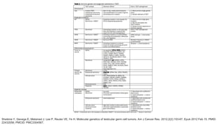 Sheikine Y, Genega E, Melamed J, Lee P, Reuter VE, Ye H. Molecular genetics of testicular germ cell tumors. Am J Cancer Res. 2012;2(2):153-67. Epub 2012 Feb 15. PMID:
22432056; PMCID: PMC3304567.
 