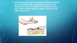 • Otra desventaja es que no se puede utilizar cualquier
tipo de medicamento, un ejemplo de esto son las
drogas que irritan al epitelio, si el medicamento es
muy irritante puede llegar a producir necrosis en el
tejido adyacente
 