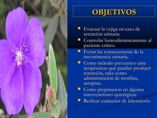 OBJETIVOS
   Evacuar la vejiga en caso de
    retención urinaria.
   Controlar hemodinámicamente al
    paciente crítico.
   Evitar las consecuencias de la
    incontinencia urinaria.
   Como método preventivo ante
    terapéuticas que puedan producir
    retención, tales como
    administración de morfina,
    atropina.
   Como preparación en algunas
    intervenciones quirúrgicas
   Realizar exámenes de laboratorio
 
