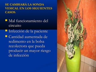 SE CAMBIARÁ LA SONDA
VESICAL EN LOS SIGUIENTES
CASOS:

   Mal funcionamiento del
    circuito
   Infección de la paciente
   Cantidad aumentada de
    sedimento en la bolsa
    recolectora que pueda
    producir un mayor riesgo
    de infección
 
