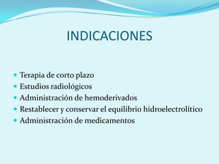INDICACIONES

 Terapia de corto plazo
 Estudios radiológicos
 Administración de hemoderivados
 Restablecer y conservar el equilibrio hidroelectrolítico
 Administración de medicamentos
 