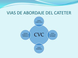 VIAS DE ABORDAJE DEL CATETER
                     VENA
                   SUBCLAVIA




        VENAS
      BASILICA Y
      CEFALICA     CVC           VENA
                               YUGULAR
                               INTERNA




                     VENA
                   FEMORAL
 