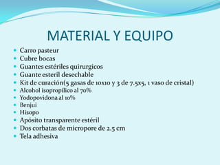 MATERIAL Y EQUIPO
   Carro pasteur
   Cubre bocas
   Guantes estériles quirurgicos
   Guante esteril desechable
   Kit de curación(5 gasas de 10x10 y 3 de 7.5x5, 1 vaso de cristal)
   Alcohol isopropílico al 70%
   Yodopovidona al 10%
   Benjui
   Hisopo
 Apósito transparente estéril
 Dos corbatas de micropore de 2.5 cm
 Tela adhesiva
 