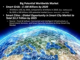 Big Potential Worldwide Market
• Smart Grids : $ 100 Billions by 2020
– 39 billions USD, by 2016, compared to 10 billions in 2010. (Sce : AbiResearch)
– By 2020 a 100 billions USD potential market (Source : Items Int ’l , nov 2012)

• Smart Cities : Global Opportunity in Smart City Market to
Total $3.3 Trillion by 2025
– Source : Frost & Sullivan: Connected and Intelligent Infrastructure, eGovernment Services, and Smart Security Solutions to Drive Smart City
Market

 