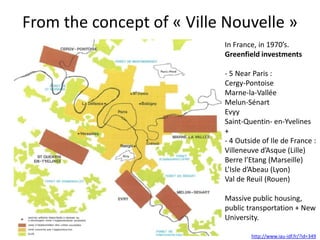 From the concept of « Ville Nouvelle »
In France, in 1970’s.
Greenfield investments
- 5 Near Paris :
Cergy-Pontoise
Marne-la-Vallée
Melun-Sénart
Evyy
Saint-Quentin- en-Yvelines
+
- 4 Outside of Ile de France :
Villeneuve d’Asque (Lille)
Berre l’Etang (Marseille)
L’Isle d’Abeau (Lyon)
Val de Reuil (Rouen)
Massive public housing,
public transportation + New
University.
http://www.iau-idf.fr/?id=349

 