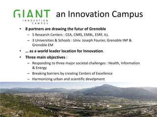 an Innovation Campus
• 8 partners are drawing the futur of Grenoble
– 5 Research Centers : CEA, CNRS, EMBL, ESRF, ILL
– 3 Universities & Schools : Univ. Joseph Fourier, Grenoble INP &
Grenoble EM

• … as a world leader location for Innovation.
• Three main objectives :
– Responding to three major societal challenges : Health, Information
& Energy
– Breaking barriers by creating Centers of Excellence
– Harmonizing urban and scientific develpment

> 44

 