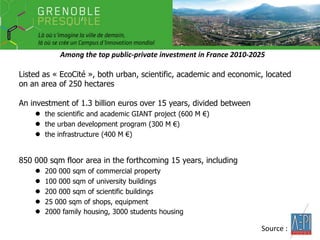« Presqu’île Scientifique »
Among the top public-private investment in France 2010-2025
Listed as « EcoCité », both urban, scientific, academic and economic, located
on an area of ​250 hectares
An investment of 1.3 billion euros over 15 years, divided between

●
●
●

the scientific and academic GIANT project (600 M €)
the urban development program (300 M €)
the infrastructure (400 M €)

850 000 sqm floor area in the forthcoming 15 years, including

●
●
●
●
●

200 000 sqm of commercial property
100 000 sqm of university buildings
200 000 sqm of scientific buildings
25 000 sqm of shops, equipment
2000 family housing, 3000 students housing

Source :

 