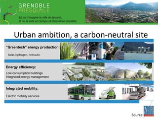 Urban ambition, a carbon-neutral site
“Greentech” energy production:
Solar, hydrogen, hydraulic

Energy efficiency:
Low consumption buildings
Integrated energy management

Integrated mobility:
Electric mobility services

Source :

 