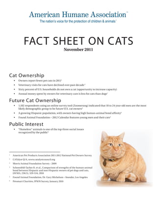 FACT SHEET ON CATS
                                                      November 2011




Cat Ownership
     •	   Owners	report	fewer	pet	cats	in	20111
     •	   Veterinary	visits	for	cats	have	declined	over	past	decade	2
     •	   Sixty	percent	of	U.S.	households	do	not	own	a	cat	(opportunity	to	increase	capacity)
     •	   Annual	money	spent	by	owners	for	veterinary	care	is	less	for	cats	than	dogs1

Future Cat Ownership
     •	   1,102	respondents	using	an	online	survey	tool	(Zoomerang)	indicated	that	18	to	24	year-old	men	are	the	most	
          likely	demographic	group	to	be	future	U.S.	cat	owners3
     •	   A	growing	Hispanic	population,	with	owners	having	high	human-animal	bond	affinity4
     •	   Found	Animal	Foundation	–	2012	Calendar	features	young	men	and	their	cats5

Public Interest
     •	   “Homeless”	animals	is	one	of	the	top	three	social	issues	
          recognized	by	the	public6




1
 	   American	Pet	Products	Association	2011-2012	National	Pet	Owners	Survey
2	
     CATalyst	Q/A,	www.catalystcouncil.org
3	
     Morris	Animal	Foundation	Survey	-	2009
4	
     Schoenfeld-Tacher	R.	et	al.,	Comparison	of	strengths	of	the	human-animal	
     bond	between	Hispanic	and	non-Hispanic	owners	of	pet	dogs	and	cats,	
     JAVMA,	236(5),	529-534,	2010	
5	
     Found	Animal	Foundation,	Dr.	Gary	Michelson	–	founder,	Los	Angeles
6	
     Petsmart	Charities,	IPSOS	Survey,	January	2010
 