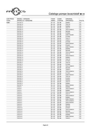 Catalogo pompe lavacristalliCatalogo pompe lavacristalli
CAR PROD. MODEL / VERSION YEAR CODE ORIGINAL
CASA MODELLO / VERSIONE ANNO CODICE ORIGINALE VOLTS
FORD ESCORT III 80-->90 PL 148 6088981 12V
ESCORT III 86-->90 PL 144 7003178 12V
ESCORT III 80-->90 PL 148 6088982 12V
ESCORT III 86-->90 PL 147 7003177 12V
ESCORT III 80-->90 PL 148 78GG13K082CC 12V
ESCORT III 86-->90 PL 147 6833495 12V
ESCORT III 80-->90 PL 146 6156960 12V
ESCORT III 80-->90 PL 146 83BB17K624BA 12V
ESCORT III 80-->90 PL 146 6140949 12V
ESCORT IV 90-->95 PL 147 7003177 12V
ESCORT IV 90-->93 PL 144 1652613 12V
ESCORT IV 90-->93 PL 144 6153469 12V
ESCORT IV 90-->95 PL 147 92AB17K624AA 12V
ESCORT IV 90-->93 PL 144 6164937 12V
ESCORT IV 90-->95 PL 147 93BB17K624AA 12V
ESCORT IV 90-->95 PL 148 6088982 12V
ESCORT IV 90-->95 PL 147 6833495 12V
ESCORT IV 90-->95 PL 148 78GG13K082CA 12V
ESCORT IV 90-->93 PL 144 7003178 12V
ESCORT IV 90-->95 PL 148 78GG13K082CC 12V
ESCORT IV 90-->95 PL 148 6088981 12V
ESCORT IV 90-->93 PL 144 7003178 12V
ESCORT IV 90-->93 PL 144 6175672 12V
ESCORT V 93-->95 PL 144 7003178 12V
ESCORT V 93-->95 PL 144 6153469 12V
ESCORT V 95-->00 PL 148 78GG13K082CC 12V
ESCORT V 95-->00 PL 147 6833495 12V
ESCORT V 93-->95 PL 144 1652613 12V
ESCORT V 95-->00 PL 148 78GG13K082CA 12V
ESCORT V 93-->95 PL 144 6175672 12V
ESCORT V 95-->00 PL 147 93BB17K624AA 12V
ESCORT V 93-->95 PL 144 7003178 12V
ESCORT V 93-->95 PL 144 6164937 12V
ESCORT V 95-->00 PL 148 6088982 12V
ESCORT V 95-->00 PL 147 7003177 12V
ESCORT V 95-->00 PL 148 6088981 12V
ESCORT V 95-->00 PL 147 92AB17K624AA 12V
FIESTA I 76-->83 PL 148 6088982 12V
FIESTA I 76-->83 PL 148 78GG13K082CC 12V
FIESTA I 76-->83 PL 148 6088981 12V
FIESTA I 76-->83 PL 148 78GG13K082CA 12V
FIESTA II 83-->89 PL 147 7003177 12V
FIESTA II 83-->89 PL 148 78GG13K082CA 12V
FIESTA II 83-->89 PL 148 6088981 12V
FIESTA II 83-->89 PL 147 93BB17K624AA 12V
FIESTA II 83-->89 PL 148 78GG13K082CC 12V
FIESTA II 83-->89 PL 147 92AB17K624AA 12V
FIESTA II 83-->89 PL 148 6088982 12V
FIESTA II 83-->89 PL 147 6833495 12V
FIESTA III 89-->95 PL 144 6164937 12V
FIESTA III 89-->95 PL 148 78GG13K082CA 12V
FIESTA III 89-->95 PL 147 6833495 12V
FIESTA III 89-->95 PL 148 78GG13K082CC 12V
FIESTA III 89-->95 PL 148 6088982 12V
FIESTA III 89-->95 PL 147 93BB17K624AA 12V
FIESTA III 89-->95 PL 144 1652613 12V
Pagina 23
 