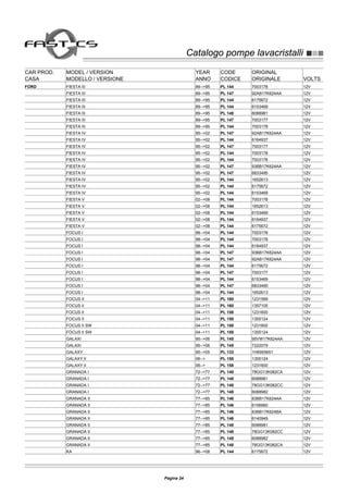 Catalogo pompe lavacristalliCatalogo pompe lavacristalli
CAR PROD. MODEL / VERSION YEAR CODE ORIGINAL
CASA MODELLO / VERSIONE ANNO CODICE ORIGINALE VOLTS
FORD FIESTA III 89-->95 PL 144 7003178 12V
FIESTA III 89-->95 PL 147 92AB17K624AA 12V
FIESTA III 89-->95 PL 144 6175672 12V
FIESTA III 89-->95 PL 144 6153469 12V
FIESTA III 89-->95 PL 148 6088981 12V
FIESTA III 89-->95 PL 147 7003177 12V
FIESTA III 89-->95 PL 144 7003178 12V
FIESTA IV 95-->02 PL 147 92AB17K624AA 12V
FIESTA IV 95-->02 PL 144 6164937 12V
FIESTA IV 95-->02 PL 147 7003177 12V
FIESTA IV 95-->02 PL 144 7003178 12V
FIESTA IV 95-->02 PL 144 7003178 12V
FIESTA IV 95-->02 PL 147 93BB17K624AA 12V
FIESTA IV 95-->02 PL 147 6833495 12V
FIESTA IV 95-->02 PL 144 1652613 12V
FIESTA IV 95-->02 PL 144 6175672 12V
FIESTA IV 95-->02 PL 144 6153469 12V
FIESTA V 02-->08 PL 144 7003178 12V
FIESTA V 02-->08 PL 144 1652613 12V
FIESTA V 02-->08 PL 144 6153469 12V
FIESTA V 02-->08 PL 144 6164937 12V
FIESTA V 02-->08 PL 144 6175672 12V
FOCUS I 98-->04 PL 144 7003178 12V
FOCUS I 98-->04 PL 144 7003178 12V
FOCUS I 98-->04 PL 144 6164937 12V
FOCUS I 98-->04 PL 147 93BB17K624AA 12V
FOCUS I 98-->04 PL 147 92AB17K624AA 12V
FOCUS I 98-->04 PL 144 6175672 12V
FOCUS I 98-->04 PL 147 7003177 12V
FOCUS I 98-->04 PL 144 6153469 12V
FOCUS I 98-->04 PL 147 6833495 12V
FOCUS I 98-->04 PL 144 1652613 12V
FOCUS II 04-->11 PL 160 1231599 12V
FOCUS II 04-->11 PL 160 1357105 12V
FOCUS II 04-->11 PL 158 1231600 12V
FOCUS II 04-->11 PL 158 1355124 12V
FOCUS II SW 04-->11 PL 158 1231600 12V
FOCUS II SW 04-->11 PL 158 1355124 12V
GALAXI 95-->06 PL 145 95VW17K624AA 12V
GALAXI 95-->06 PL 145 7222079 12V
GALAXY 95-->05 PL 133 1H6955651 12V
GALAXY II 06--> PL 158 1355124 12V
GALAXY II 06--> PL 158 1231600 12V
GRANADA I 72-->77 PL 148 78GG13K082CA 12V
GRANADA I 72-->77 PL 148 6088981 12V
GRANADA I 72-->77 PL 148 78GG13K082CC 12V
GRANADA I 72-->77 PL 148 6088982 12V
GRANADA II 77-->85 PL 146 83BB17K624AA 12V
GRANADA II 77-->85 PL 146 6156960 12V
GRANADA II 77-->85 PL 146 83BB17K624BA 12V
GRANADA II 77-->85 PL 146 6140949 12V
GRANADA II 77-->85 PL 148 6088981 12V
GRANADA II 77-->85 PL 148 78GG13K082CC 12V
GRANADA II 77-->85 PL 148 6088982 12V
GRANADA II 77-->85 PL 148 78GG13K082CA 12V
KA 96-->08 PL 144 6175672 12V
Pagina 24
 