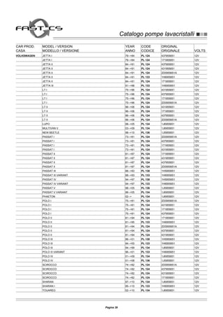 Catalogo pompe lavacristalliCatalogo pompe lavacristalli
CAR PROD. MODEL / VERSION YEAR CODE ORIGINAL
CASA MODELLO / VERSIONE ANNO CODICE ORIGINALE VOLTS
VOLKSWAGEN JETTA I 79-->84 PL 124 437955651 12V
JETTA I 79-->84 PL 124 171955651 12V
JETTA II 84-->91 PL 124 437955651 12V
JETTA II 84-->91 PL 124 431955651 12V
JETTA II 84-->91 PL 124 2D0955651A 12V
JETTA II 84-->91 PL 133 1H6955651 12V
JETTA II 84-->91 PL 124 171955651 12V
JETTA III 91-->98 PL 133 1H6955651 12V
LT I 75-->96 PL 124 431955651 12V
LT I 75-->96 PL 124 437955651 12V
LT I 75-->96 PL 124 171955651 12V
LT I 75-->96 PL 124 2D0955651A 12V
LT II 96-->06 PL 124 431955651 12V
LT II 96-->06 PL 124 171955651 12V
LT II 96-->06 PL 124 437955651 12V
LT II 96-->06 PL 124 2D0955651A 12V
LUPO 98-->05 PL 134 1J6955651 12V
MULTIVAN V 03-->09 PL 134 1J6955651 12V
NEW BEETLE 98-->10 PL 136 1J5955651 12V
PASSAT I 73-->81 PL 124 2D0955651A 12V
PASSAT I 73-->81 PL 124 437955651 12V
PASSAT I 73-->81 PL 124 171955651 12V
PASSAT I 73-->81 PL 124 431955651 12V
PASSAT II 81-->87 PL 124 171955651 12V
PASSAT II 81-->87 PL 124 431955651 12V
PASSAT II 81-->87 PL 124 437955651 12V
PASSAT II 81-->87 PL 124 2D0955651A 12V
PASSAT III 88-->93 PL 138 1H5955651 12V
PASSAT III VARIANT 88-->93 PL 133 1H6955651 12V
PASSAT IV 94-->97 PL 138 1H5955651 12V
PASSAT IV VARIANT 94-->97 PL 133 1H6955651 12V
PASSAT V 98-->05 PL 136 1J5955651 12V
PASSAT V VARIANT 96-->05 PL 134 1J6955651 12V
PHAETON 02--> PL 134 1J6955651 12V
POLO I 75-->81 PL 124 2D0955651A 12V
POLO I 75-->81 PL 124 431955651 12V
POLO I 75-->81 PL 124 171955651 12V
POLO I 75-->81 PL 124 437955651 12V
POLO II 81-->94 PL 124 171955651 12V
POLO II 81-->95 PL 133 1H6955651 12V
POLO II 81-->94 PL 124 2D0955651A 12V
POLO II 81-->94 PL 124 437955651 12V
POLO II 81-->94 PL 124 431955651 12V
POLO III 96-->01 PL 138 1H5955651 12V
POLO III 94-->00 PL 133 1H6955651 12V
POLO III 94-->99 PL 134 1J6955651 12V
POLO III VARIANT 96-->01 PL 133 1H6955651 12V
POLO IV 01-->09 PL 134 1J6955651 12V
POLO IV 01-->08 PL 136 1J5955651 12V
SCIROCCO 74-->82 PL 124 2D0955651A 12V
SCIROCCO 74-->82 PL 124 437955651 12V
SCIROCCO 74-->82 PL 124 431955651 12V
SCIROCCO 74-->82 PL 124 171955651 12V
SHARAN 97-->10 PL 134 1J6955651 12V
SHARAN I 95-->10 PL 133 1H6955651 12V
TOUAREG 02-->10 PL 134 1J6955651 12V
Pagina 39
 