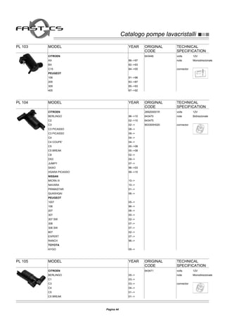Catalogo pompe lavacristalliCatalogo pompe lavacristalli
PL 103 MODEL YEAR ORIGINAL
CODE
TECHNICAL
SPECIFICATION
volts 12V
note Monodirezionale
connector
CITROEN
AX 86-->97
643446
BX 82-->93
C15 84-->05
PEUGEOT
106 91-->96
205 83-->87
309 85-->93
405 87-->92
PL 104 MODEL YEAR ORIGINAL
CODE
TECHNICAL
SPECIFICATION
volts 12V
note Bidirezionale
connector
CITROEN
BERLINGO 96-->10
289200001R
C2 02-->10
643470
C3 02-->
643475
C3 PICASSO 08-->
853300H020
C3 PICASSO 09-->
C4 04-->
C4 COUPE' 04-->
C5 00-->08
C5 BREAK 00-->08
C8 02-->
DS3 09-->
JUMPY 07-->
SAXO 96-->03
XSARA PICASSO 99-->10
NISSAN
MICRA III 10-->
NAVARA 10-->
PRIMASTAR 01-->
QUASHQAI 06-->
PEUGEOT
1007 05-->
106 96-->
207 06-->
307 00-->
307 SW 02-->
308 07-->
308 SW 07-->
807 02-->
EXPERT 07-->
RANCH 96-->
TOYOTA
AYGO 05-->
PL 105 MODEL YEAR ORIGINAL
CODE
TECHNICAL
SPECIFICATION
volts 12V
note Monodirezionale
connector
CITROEN
BERLINGO 05-->
643471
C1 03-->
C3 03-->
C4 04-->
C5 01-->
C5 BREAK 01-->
Pagina 44
 