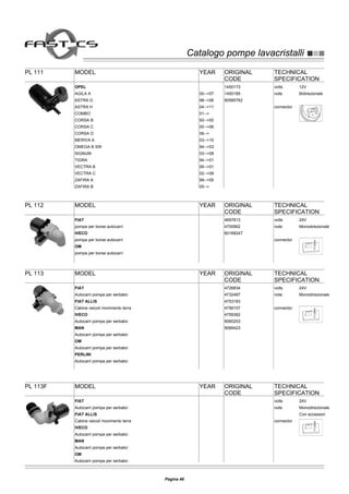 Catalogo pompe lavacristalliCatalogo pompe lavacristalli
PL 111 MODEL YEAR ORIGINAL
CODE
TECHNICAL
SPECIFICATION
volts 12V
note Bidirezionale
connector
OPEL
AGILA A 00-->07
1450173
ASTRA G 98-->06
1450185
ASTRA H 04-->11
90585762
COMBO 01-->
CORSA B 93-->00
CORSA C 00-->06
CORSA D 06-->
MERIVA A 03-->10
OMEGA B SW 94-->03
SIGNUM 03-->08
TIGRA 94-->01
VECTRA B 95-->01
VECTRA C 02-->08
ZAFIRA A 99-->05
ZAFIRA B 05-->
PL 112 MODEL YEAR ORIGINAL
CODE
TECHNICAL
SPECIFICATION
volts 24V
note Monodirezionale
connector
FIAT
pompa per borse autocarri
4697813
IVECO
pompa per borse autocarri
4700962
OM
pompa per borse autocarri
60168247
PL 113 MODEL YEAR ORIGINAL
CODE
TECHNICAL
SPECIFICATION
volts 24V
note Monodirezionale
connector
FIAT
Autocarri pompa per serbatoi
4726834
FIAT ALLIS
Cabine veicoli movimento terra
4732487
IVECO
Autocarri pompa per serbatoi
4753183
MAN
Autocarri pompa per serbatoi
4756107
OM
Autocarri pompa per serbatoi
4759362
PERLINI
Autocarri pompa per serbatoi
9060253
9066423
PL 113F MODEL YEAR ORIGINAL
CODE
TECHNICAL
SPECIFICATION
volts 24V
note Monodirezionale
Con accessori
connector
FIAT
Autocarri pompa per serbatoi
FIAT ALLIS
Cabine veicoli movimento terra
IVECO
Autocarri pompa per serbatoi
MAN
Autocarri pompa per serbatoi
OM
Autocarri pompa per serbatoi
Pagina 46
 