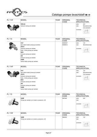 Catalogo pompe lavacristalliCatalogo pompe lavacristalli
PL 113F MODEL YEAR ORIGINAL
CODE
TECHNICAL
SPECIFICATION
volts 24V
note Monodirezionale
Con accessori
connector
PERLINI
Autocarri pompa per serbatoi
PL 114 MODEL YEAR ORIGINAL
CODE
TECHNICAL
SPECIFICATION
volts 12V
note Monodirezionale
connector
FIAT
Agri cabine trattori pompa per serbatoi
93905547
IVECO
Autocarri pompa per serbatoi
93906619
Daily - Grinta pompa per serbatoi
MAN
Autocarri pompa per serbatoi
OM
Autocarri pompa per serbatoi
SAME
cabine trattori pompa per serbatoi
PL 114F MODEL YEAR ORIGINAL
CODE
TECHNICAL
SPECIFICATION
volts 12V
note Monodirezionale
Con accessori
connector
FIAT
Agri cabine trattori pompa per serbatoi
IVECO
Autocarri pompa per serbatoi
Daily - Grinta pompa per serbatoi
MAN
Autocarri pompa per serbatoi
OM
Autocarri pompa per serbatoi
SAME
cabine trattori pompa per serbatoi
PL 115 MODEL YEAR ORIGINAL
CODE
TECHNICAL
SPECIFICATION
volts 24V
note
connector
SAME
Pompa per serbatoi con innesto a pressione ø18
9067484
PL 115F MODEL YEAR ORIGINAL
CODE
TECHNICAL
SPECIFICATION
volts 12V
note
connector
SAME
Pompa per serbatoi con innesto a pressione ø18
5882292
Pagina 47
 