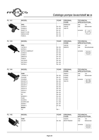 Catalogo pompe lavacristalliCatalogo pompe lavacristalli
PL 141 MODEL YEAR ORIGINAL
CODE
TECHNICAL
SPECIFICATION
volts 12V
note Bidirezionale
connector
OPEL
CORSA A 82-->93
0008602226
CORSA B 93-->00
1450162
KADETT E 84-->91
1450175
KADETT E SW 84-->91
OMEGA B SW 94-->03
TIGRA A 94-->00
PL 143 MODEL YEAR ORIGINAL
CODE
TECHNICAL
SPECIFICATION
volts 12V
note Monodirezionale
connector
OPEL
ASTRA G 98-->04
1450184
ASTRA G 98-->04
90585761
ASTRA G CABRIOLET 98-->05
CORSA B 93-->00
CORSA C 00-->06
OMEGA B 94-->03
TIGRA A 94-->01
VECTRA B 95-->02
VECTRA C 02-->08
ZAFIRA A 99-->05
PL 144 MODEL YEAR ORIGINAL
CODE
TECHNICAL
SPECIFICATION
volts 12V
note Bidirezionale
connector
FORD
TRANSIT VI 99-->06
1652613
COUGAR 98-->01
6153469
COURIER 91-->99
6164937
ESCORT III 86-->90
6175672
ESCORT IV 90-->93
7003178
ESCORT V 93-->95
FIESTA III 89-->95
FIESTA IV 95-->02
FIESTA V 02-->08
FOCUS I 98-->04
KA 96-->08
MONDEO I 93-->00
PUMA 97-->02
SCORPIO 91-->98
SCORPIO SW 91-->98
SIERRA I 82-->87
SIERRA II 87-->93
MAZDA
121 96-->
PL 145 MODEL YEAR ORIGINAL
CODE
TECHNICAL
SPECIFICATION
volts 12V
note Bidirezionale
connector
FORD
GALAXI 95-->06
7222079
95VW17K624AA
Pagina 58
 