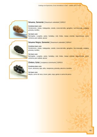 Catálogo de Especiarias, Ervas Aromáticas e Chás – Janeiro 2012 (v1.0)
                                                                                   a




Sésamo, Semente | Sesamum orientale | ESP037

Combina bem com
Cardamomo, cássia, malaguetas, canela, cravo-da-índia, gengibre, noz-moscada, orégãos,
pimenta, tomilho

Vai bem com
Beringelas, curgetes, peixe, hortaliça, mel, limão, massa oriental, leguminosas, arroz,
verduras para salada, açúcar

Sésamo Negro, Semente | Sesamum orientale | ESP047

Combina bem com
Cardamomo, cássia, malaguetas, canela, cravo-da-índia, gengibre, noz-moscada, orégãos,
pimenta, tomilho

Vai bem com
Beringelas, curgetes, peixe, hortaliça, mel, limão, massa oriental, leguminosas, arroz,
verduras para salada, açúcar

Zimbro, Grão | Juniperus communis | ESP053

Combina bem com
Louro, alcaravia, aipo, alho, manjerona, pimenta, alecrim e tomilho

Vai bem com
Maçãs, carne de vaca, couve, pato, caça, ganso e carne de porco




                                                                                          12
 