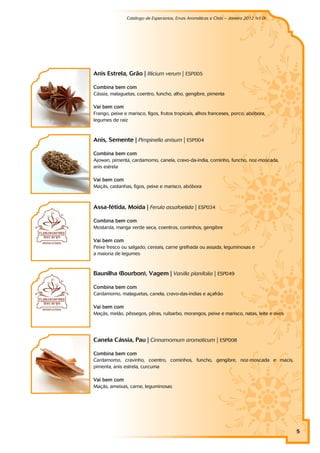Catálogo de Especiarias, Ervas Aromáticas e Chás – Janeiro 2012 (v1.0)
                                                                                   a




Anis Estrela, Grão | Illicium verum | ESP005

Combina bem com
Cássia, malaguetas, coentro, funcho, alho, gengibre, pimenta

Vai bem com
Frango, peixe e marisco, figos, frutos tropicais, alhos franceses, porco, abóbora,
legumes de raiz



Anis, Semente | Pimpinella anisum | ESP004

Combina bem com
Ajowan, pimenta, cardamomo, canela, cravo-da-índia, cominho, funcho, noz-moscada,
anis estrela

Vai bem com
Maçãs, castanhas, figos, peixe e marisco, abóbora



Assa-fétida, Moída | Ferula assafoetida | ESP034

Combina bem com
Mostarda, manga verde seca, coentros, cominhos, gengibre

Vai bem com
Peixe fresco ou salgado, cereais, carne grelhada ou assada, leguminosas e
a maioria de legumes



Baunilha (Bourbon), Vagem | Vanilla planifolia | ESP049

Combina bem com
Cardamomo, malaguetas, canela, cravo-das-índias e açafrão

Vai bem com
Maçãs, melão, pêssegos, pêras, ruibarbo, morangos, peixe e marisco, natas, leite e ovos




Canela Cássia, Pau | Cinnamomum aromaticum | ESP008

Combina bem com
Cardamomo, cravinho, coentro, cominhos, funcho, gengibre, noz-moscada e macis,
pimenta, anis estrela, curcuma

Vai bem com
Maçãs, ameixas, carne, leguminosas




                                                                                          5
 