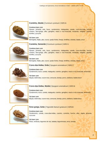 Catálogo de Especiarias, Ervas Aromáticas e Chás – Janeiro 2012 (v1.0)
                                                                                    a




Cominho, Moído | Cuminum cyminum | ESP016

Combina bem com
Ajowan, pimenta, anis, louro, cardamomo, malaguetas, canela, cravo-da-índia, funcho,
coentro, feno-grego, alho, gengibre, macis e noz-moscada, mostarda, orégãos, paprika,
tomilho, curcuma

Vai bem com
Beringelas, feijão, pão, couve, queijo fortes, frango, lentilhas, cebolas, batata, arroz

Cominho, Semente | Cuminum cyminum | ESP015

Combina bem com
Ajowan, pimenta, anis, louro, cardamomo, malaguetas, canela, cravo-da-índia, funcho,
coentro, feno-grego, alho, gengibre, macis e noz-moscada, mostarda, orégãos, paprika,
tomilho, curcuma

Vai bem com
Beringelas, feijão, pão, couve, queijo fortes, frango, lentilhas, cebolas, batata, arroz

Cravo-das-Índias, Grão | Syzygium aromaticum | ESP017

Combina bem com
Cardamomo, louro, canela, malagueta, coentro, gengibre, macis e noz-moscada, tamarindo

Vai bem com
Maçãs, beterraba, couve-roxa, cenouras, laranja, porco, abóbora, batata-doce




Cravo-das-Índias, Moído | Syzygium aromaticum | ESP018

Combina bem com
Cardamomo, louro, canela, malagueta, coentro, gengibre, macis e noz-moscada, tamarindo

Vai bem com
Maçãs, beterraba, couve-roxa, cenouras, laranja, porco, abóbora, batata-doce




Feno-grego, Grão | Trigonella foenum-graecum | ESP020

Combina bem com
Cardamomo, canela, cravo-das-índias, coentro, cominho, funcho, alho, nigela, pimenta,
curcuma

Vai bem com
Peixe, verduras, legumes de raiz, batatas, leguminosas, arroz, tomate




                                                                                           7
 