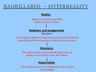 Baurillards - hyperreality
Reality
Heighten and exaggerated
(Simulate )
Simulacra
Hyperreality
Angela has created various fake
profiles that she controls.
She’s talking to people through these accounts and establishing
relationships with these people as if she was the characters.
Nev believes these constructed identities to be real
people. And has fallen in love with ‘Megan’.
Nev believes that he is in a relationship with a women
named Megan.
 