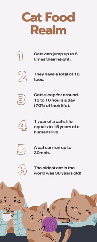 Cat Food
Realm
Cats can jump up to 6
times their height.
They have a total of 18
toes.
Cats sleep for around
13 to 16 hours a day
(70% of their life).
1 year of a cat's life
equals to 15 years of a
humans live.
A cat can run up to
30mph.
The oldest cat in the
world was 38 years old!
1
3
5
2
4
6
 