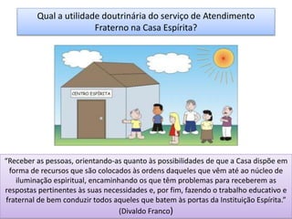 Qual a utilidade doutrinária do serviço de Atendimento
Fraterno na Casa Espírita?
“Receber as pessoas, orientando-as quanto às possibilidades de que a Casa dispõe em
forma de recursos que são colocados às ordens daqueles que vêm até ao núcleo de
iluminação espiritual, encaminhando os que têm problemas para receberem as
respostas pertinentes às suas necessidades e, por fim, fazendo o trabalho educativo e
fraternal de bem conduzir todos aqueles que batem às portas da Instituição Espírita.”
(Divaldo Franco)
 