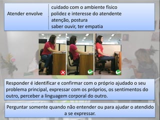 cuidado com o ambiente físico
Atender envolve polidez e interesse do atendente
atenção, postura
saber ouvir, ter empatia
Responder é identificar e confirmar com o próprio ajudado o seu
problema principal, expressar com os próprios, os sentimentos do
outro, perceber a linguagem corporal do outro.
Perguntar somente quando não entender ou para ajudar o atendido
a se expressar.
 
