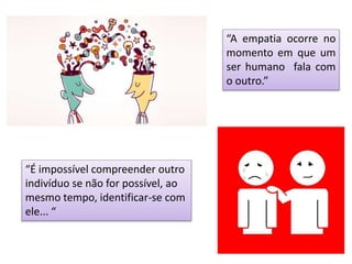 “A empatia ocorre no
momento em que um
ser humano fala com
o outro.”
“É impossível compreender outro
indivíduo se não for possível, ao
mesmo tempo, identificar-se com
ele... “
 