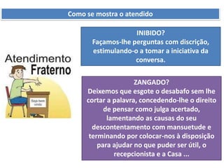 Como se mostra o atendido
INIBIDO?
Façamos-lhe perguntas com discrição,
estimulando-o a tomar a iniciativa da
conversa.
ZANGADO?
Deixemos que esgote o desabafo sem lhe
cortar a palavra, concedendo-lhe o direito
de pensar como julga acertado,
lamentando as causas do seu
descontentamento com mansuetude e
terminando por colocar-nos à disposição
para ajudar no que puder ser útil, o
recepcionista e a Casa ...
 