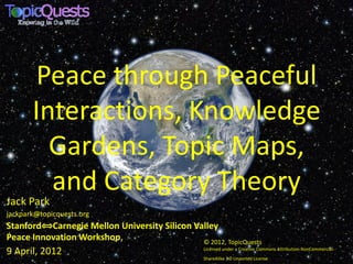 Peace through Peaceful
       Interactions, Knowledge
         Gardens, Topic Maps,
         and Category Theory
Jack Park
jackpark@topicquests.org
Stanford⟺Carnegie Mellon University Silicon Valley
Peace Innovation Workshop,                    © 2012, TopicQuests This work is
9 April, 2012                                        Licensed under a Creative Commons Attribution-NonCommercial-
                                                                                   .
                                                     ShareAlike 3.0 Unported License
 