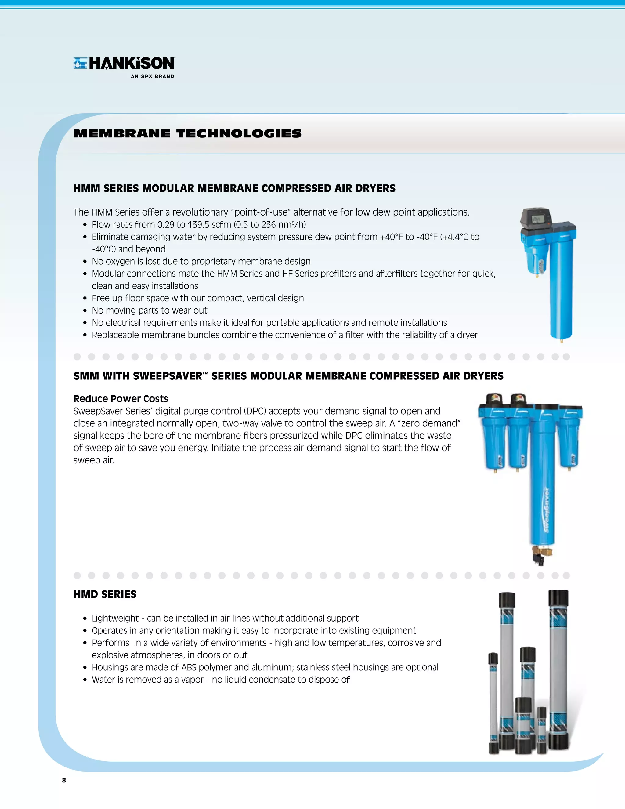 MemBrane technologies



    HMM Series MODULAR MEMBRANE COMPRESSED AIR DRYERS

    The HMM Series offer a revolutionary “point-of-use” alternative for low dew point applications.
      •	 Flow rates from 0.29 to 139.5 scfm (0.5 to 236 nm3/h)
      •	  liminate damaging water by reducing system pressure dew point from +40°F to -40°F (+4.4°C to
         E
         -40°C) and beyond
      •	 No oxygen is lost due to proprietary membrane design
      •	  odular connections mate the HMM Series and HF Series prefilters and afterfilters together for quick,
         M
         clean and easy installations
      •	 Free up floor space with our compact, vertical design
      •	 No moving parts to wear out
      •	 No electrical requirements make it ideal for portable applications and remote installations
      •	 Replaceable membrane bundles combine the convenience of a filter with the reliability of a dryer



    SMM with Sweepsaver™ Series MODULAR MEMBRANE COMPRESSED AIR DRYERS

    Reduce Power Costs
    SweepSaver Series’ digital purge control (DPC) accepts your demand signal to open and
    close an integrated normally open, two-way valve to control the sweep air. A “zero demand”
    signal keeps the bore of the membrane fibers pressurized while DPC eliminates the waste
    of sweep air to save you energy. Initiate the process air demand signal to start the flow of
    sweep air.




    HMD Series

      •	 Lightweight - can be installed in air lines without additional support
      •	 Operates in any orientation making it easy to incorporate into existing equipment
      •	  erforms in a wide variety of environments - high and low temperatures, corrosive and
         P
         explosive atmospheres, in doors or out
      •	 Housings are made of ABS polymer and aluminum; stainless steel housings are optional
      •	 Water is removed as a vapor - no liquid condensate to dispose of




8
 