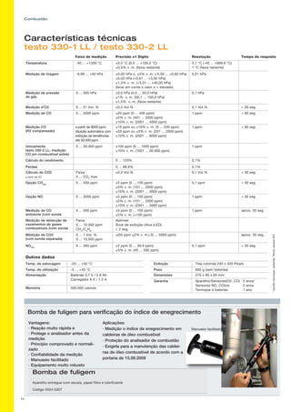 71
Combustão
Características técnicas
testo 330-1 LL / testo 330-2 LL
Faixa de medição		 Precisão ±1 Digito Resolução
Temperatura	 -40 ... +1200 °C ±0,5 °C (0,0 ... +100,0 °C)
±0,5% v. m. (faixa restante)
0,1 °C (-40 ... +999,9 °C)
1 °C (faixa restante)
Tempo de resposta
Medição de tiragem -9,99 ... +40 hPa ±0,02 hPa o. ±5% v. m. (-0,50 ... +0,60 hPa)
±0,03 hPa (+0,61 ... +3,00 hPa)
±1,5% v. m. (+3,01 ... +40,00 hPa)
(levar em conta o valor o + elevado)		
0,01 hPa
Medição de pressão
de gás
0 ... 300 hPa ±0,5 hPa (0,0 ... 50,0 hPa)
±1% v. m. (50,1 ... 100,0 hPa)
±1,5% v. m. (faixa restante)
0,1 hPa
Medição d'O2 0 ... 21 Vol. % ±0,2 Vol.% 0,1 Vol.%  20 seg
Medição de CO 0 ... 4000 ppm ±20 ppm (0 ... 400 ppm)
±5% v. m. (401 ... 2000 ppm)
±10% v. m. (2001 ... 4000 ppm)
1 ppm  60 seg
Medição CO
(H2 compensado)
a partir de 8000 ppm,
diluição automática com
exibição de tendências
até 30.000 ppm
±10 ppm ou ±10% v. m. (0 ... 200 ppm)
±20 ppm ou ±5% v. m. (201 ... 2000 ppm)
±10% v. m. (2001 ... 8000 ppm)
1 ppm  60 seg
Unicamente
testo 330-2 LL: medição
CO em combustível sólido
0 ... 30.000 ppm ±100 ppm (0 ... 1000 ppm)
±10% v. m. (1001 ... 30.000 ppm)
1 ppm
Cálculo do rendimento 0 ... 120% 0,1%
Perdas 0 ... 99,9% 0,1%
NOlow
0 ... 300 ppm ±2 ppm (0 ... 39.9 ppm)
±5% v. m. (40 ... 300 ppm)
0,1 ppm
Cálculo do CO2
a partir de O2
Faixa
0 ... CO2
max
±0,2 Vol.% 0,1 Vol.%  40 seg
Opção COlow
0 ... 500 ppm ±5 ppm (0 ... 100 ppm)
±5% v. m. (101 ... 2000 ppm)
±10% v. m. (2001 ... 3000 ppm)
0,1 ppm  30 seg
Opção NO 0 ... 3000 ppm ±5 ppm (0 ... 100 ppm)
±5% v. m. (101 ... 2000 ppm)
±10% v. m. (2001 ... 3000 ppm)
1 ppm  30 seg
 30 seg
Medição de CO
ambiente (com sonda
0 ... 500 ppm ±5 ppm (0 ... 100 ppm)
±5% v. m. (100 ppm)
1 ppm aprox. 35 seg
Medição de detecção de
vazamentos de gases
combustíveis (com sonda
Faixa
0 ... 10.000 ppm
CH4
/C3
H8
Alarmes
Sinal de exibição ótica (LED)
 2 seg.
Medição de CO2
(com sonda separada)
0 ... 1 Vol. %
0 ... 10.000 ppm
±(50 ppm ±2% v. m.) (0 ... 5000 ppm) aprox. 35 seg
	
Bomba de fuligem para verificação do índice de enegrecimento
Vantagens:
· Reação muito rápida e
· Protege o analisador antes da
medição
· Princípio comprovado e normali-
zado
· Confiabilidade da medição
· Manuseio facilitado
· Equipamento muito robusto
Aplicações:
· Medição o índice de enegrecimento em
caldeiras de óleo combustível
· Proteção do analisador de combustão
· Exigida para a manutenção das caldei-
ras de óleo combustível de acordo com a
portaria de 15.09.2009
Manuseio facilitado
Bomba de fuligem
Aparelho entregue com escala, papel filtro e lubrificante
Código 0554 0307
Outros dados			
Temp. de estocagem		 -20 ... +50 °C
Temp. de utilização -5 ... +45 °C
Alimentação Baterias 3.7 V / 2.6 Ah
Carregador 6 V / 1.2 A
Memória 500.000 valores
Exibição		 Tela colorida 240 x 320 Pixels
Peso 600 g (sem baterias)
Dimensões 270 x 90 x 65 mm
Garantia Aparelho/Sensores(O2, CO)	 5 anos*
Sensores NO, COlow	 2 anos
Termopar e baterias	 1 ano
*excetotermopar,baterias,filtros,sensorNO
 