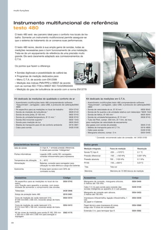 multi-funções
39
Instrumento multifuncional de referência
testo 480
O testo 480 será seu parceiro ideal para o conforto nos locais de tra-
balho. Somente um instrumento multifuncional permite assegurar-se
que o sistema de tratamento do ar conserva suas performances.
O testo 480 reúne, devido à sua ampla gama de sondas, todas as
medições necessárias para o bom funcionamento de uma instalação.
Trata-se de um equipamento de referência de uma precisão muito
grande. Ele será claramente adaptado aos comissionamentos de
C.T.A.
Os pontos que fazem a diferença:
• Sondas digitooais e possibilidade de calibrá-las
• Programas de medição dedicados para:
– Menu C.T.A. de acordo com EN12599
– Medição dos índices PMV/PPD e WBGT de acordo
com as normas ISO 7730 e WBGT ISO 7243/DIN33403
– Medição do grau de turbulência de acordo com a norma EN13779
Kit dedicado às medições de qualidade e conforto de ar
-	Anemômetro multifunções testo 480 compreendendo software
“Easyclimate”, carregador, cabo USB, e protocolo de calibração	0563
4800
-	Pé específico para as medições no local de trabalho 	 0554 0743
-	Sonda de medição de turbulência * 	 0628 0143
-	Sonda de bola preta, Ø 150 mm	 0602 0743
-	Sonda de umidade/temperatura, Ø 12 mm * 	 0636 9743
-	Sonda IAQ incluindo suporte * 	 0632 1543
-	Sonda para medição de lux 	 0635 0543
-	Maleta de transporte para kit de conforto ambiente	 0516 4801
-	Cabo para sonda 	 0430 0100
Kit dedicado às medições em C.T.A.
-	Anemômetro multifunções testo 480 compreendendo software
“Easyclimate”, carregador, cabo USB, e protocolo de calibração	0563
4800
-	Sonda de velocidade do ar, Ø 16 mm * 	 0635 9542
-	Sonda de fio quente e de umidade relativa com telescópio *	0635 1543
-	Sonda de hélice, Ø 100 mm *	 0635 9343
-	Sonda de umidade/temperatura, Ø 12 mm *	 0636 9743
-	Tubo de Pitot, compr. 350 mm, Ø 7 mm, de inox,
para medições de velocidade de escoamento
dos gases com sonda de pressão	 0635 2145
-	Maleta de transporte para kit C.T.A.	 0516 4800
-	Cabo para sonda 	 0430 0100
-	Mangueira silicone, compr. 5 m 	 0554 0440
* Conexão: encomende cabo de conexão. ref. 0430 0100
Características técnicas Dados gerais
Qde de canais	 2 x tipo K, 1 entrada pressão diferencial,
3 canais para sondas “inteligentes”
Ligação USB, cartão SD, carregador,
conexão infravermelha para impressora
Portas informáticas	
0 ... 40°CTemperatura de utilização
Baterias, conexão para carregador para
utilização na rede elétrica e carga dos baterias
Alimentação	
8 horas (sem sonda e com 50% de
contraste na tela)
Autonomia
Memória de 10 000 blocos de mediçãoMemória
Medição integrada	 Faixa de medição	 Resolução
Sonda TC tipo K	 -200 ... +1370°C	 0.1 °C
Pressão diferencial	 -100 ... +100 hPa	 0.001 hPa
Pressão absoluta	 700 ... 1100 hPa	 0.1 hPa
Pt100	 -100...+400°C	0,01°C
Tela corTela
Acessórios Código
Pé específico para as medições no local de tra-
balho,
com fixação para aparelho e sondas, com possi-
bilidade de aumentar o comprimento das sondas
0554 0743
Telescópio 0430 0946
Estojo de proteção testo 480 0516 0481
Cone de medição de vazão testovent 410,
Ø 340 mm/330 x 330 mm, incluindo estojo de trans-
porte
0554 0410
Cone de medição de vazão testovent 415,
Ø 210 mm/190 x 190 mm, incluindo estojo de trans-
porte
0554 0415
Kit de cones de medição para sonda Ø 100, 330 mm
x 330 mm e 200 mm x 200 mm para extração e
sopragem
0563 4170
Acessórios Código
Mangueira de conexão, mangueira silicone,
5 metros até 700 hPa
0554 0440
Cabo (1,5 m) para sonda para conexão das
sondas inteligentes ao aparelho (5 m sob pedido)
0430 0100
Mangueira de conexão sem silicone,
5 metros até 700 hPa
0554 0453
Impressora infravermelha, ligação infravermelha, 1
rolo
de papel e 4 baterias
0554 0549
Papel térmico para impressora (6 rolos),
longa vida 10 anos de conservação
0554 0568
Extensão 5 m, para termopar tipo K 0554 0592
 