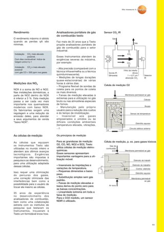 60
Os princípios de medição
Para as grandezas de medição
O2, CO, NO, NO2 e SO2, Testo
utiliza células de medição eletro-
químicas.
Esses sensores apresentam
importantes vantagens para a uti-
lização móvel:
– Insensíveis às trepidações e
variações de temperatura.
– Pequenas dimensões e baixo
peso.
– Substituição simples sem gás
padrão.
– Faixas de medição elevadas e
baixa deriva do ponto zero para
as baixas concentrações.
– Linearidade extrema em toda a
faixa de medição.
Para o CO2 medido, um sensor
NDIR é utilizado.
Celula de medição O2
Ânodo
Circuito elétrico externo
Sonda IR
(lâmpada) Detector
IR
Filtro de interfe-
rência
I = 4,27 µm
absorção CO2
Sensor CO2
IR
Célula de medição, p. ex. para gases tóxicos
Gás de
combustão
(CO)
Eletrodo de trabalh
Eletrodo de trabalho
Contra- eletrodo
Cátodo
Sensor de temperatura
Eletrólito aquoso
CO2
CO2
H+
Gás
Gás
Membrana permeável ao gás
Eletrólito aquoso
Membrana permeável
ao gás
OH-
OH-
OH-
OH-
OH-
OH-
OH-
Membrana permeável ao gás
Analisadores portáteis de gás
de combustão testo
Faz mais de 25 anos que a Testo
propõe analisadores portáteis de
gás de combustão para o setor
industrial.
Esses Instrumentos atendem às
exigências severas da indústria,
por exemplo:
– Alta precisão (comparável com a
técnica infravermelha ou a técnica
quimiluminescente).
– Medições de longas durações
quase-estacionárias) de várias
horas à vários dias.
– Programa flexível de sondas de
coleta para os pontos de coleta
os mais diversos.
– Faixas de medição elevadas à
extremas para a utilização no gás
bruto ou nas atmosferas especiais
de fornos.
– Manutenção pelo próprio
usuário para a redução dos custos
e do tempo de imobilização.
– Insensível aos gases
empoeirados e úmidos ou às
difíceis condições ambientais
(temperatura elevada, vibrações,
...).
Ar novo
Rendimento
O rendimento máximo é obtido
quando as perdas qA são
mínimas.
Medições dos NOX
NOX é a soma de NO e NO2.
Nas instalações domésticas, a
parte de NO2 dentro do NOX
é inferior a 3 %. Esta medição
passa a ser cada vez mais
importante nos queimadores
modernos com baixo NOX.
Os fabricantes exigem uma
regulagem e uma redução da
emissão deles, para atender
a seus argumentos de venda
“baixo NOX”.
Instalação 	CO2
mais elevado
possível,
Com óleo combustível índice de
fuligem entre 0 e 1
Instalação	CO2
o mais elevado
possível
com gás CO  500 ppm nos gases
As células de medição
As células que equipam
os Instrumentos Testo são
utilizadas no mundo inteiro e
atendem aos últimos avanços
tecnológicos. Exigências
importantes são impostas à
pesquisa e ao desenvolvimento,
para uma utilização adaptada
dessas células.
Isso requer uma otimização
do percurso dos gases,
uma correção otimizada das
interferências bem como a
possibilidade para o usuário de
trocar ele mesmo as células.
35 anos de experiência
no desenvolvimento dos
analisadores de combustão,
bem como uma colaboração
estreita com os institutos de
pesquisa que testaram os
Instrumentos, trouxeram à
Testo um formidável know how.
 