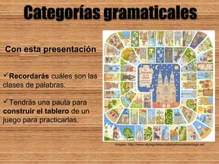 Con esta presentación
Recordarás cuáles son las
clases de palabras.
Tendrás una pauta para
construir el tablero de un
juego para practicarlas.

Imagen: http://www.eljuegodelaocadelcaminodesantiago.es/

 