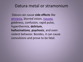 Datura can cause side effects like
amnesia, blurred vision, nausea,
giddiness, confusion, rapid pulse,
hyperthermia, delirium,
hallucinations, psychosis, and even
violent behavior. Besides, it can cause
convulsions and prove to be fatal.
Datura metal or stramonium
 