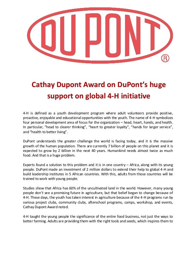 Cathay Dupont Award on DuPont’s huge support on global 4H initiative