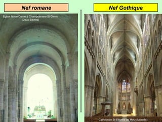 Nef GothiqueNef romane
Eglise Notre-Dame à Champdeniers-St-Denis
(Deux-Sèvres)
Cathédrale St-Etienne de Metz (Moselle)
 
