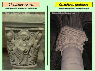 Chapiteau roman Chapiteau gothique
Cathédrale Notre-Dame de ParisAbbaye de Mozac (Puy-de –Dôme)
Il est souvent historié ou à bestiaire Les motifs végétaux sont privilégiés
 