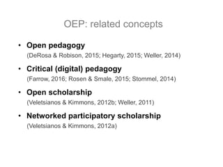 • Open pedagogy
(DeRosa & Robison, 2015; Hegarty, 2015; Weller, 2014)
• Critical (digital) pedagogy
(Farrow, 2016; Rosen & Smale, 2015; Stommel, 2014)
• Open scholarship
(Veletsianos & Kimmons, 2012b; Weller, 2011)
• Networked participatory scholarship
(Veletsianos & Kimmons, 2012a)
OEP: related concepts
 