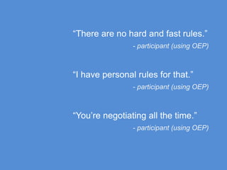 “There are no hard and fast rules.”
- participant (using OEP)
“I have personal rules for that.”
- participant (using OEP)
“You’re negotiating all the time.”
- participant (using OEP)
 